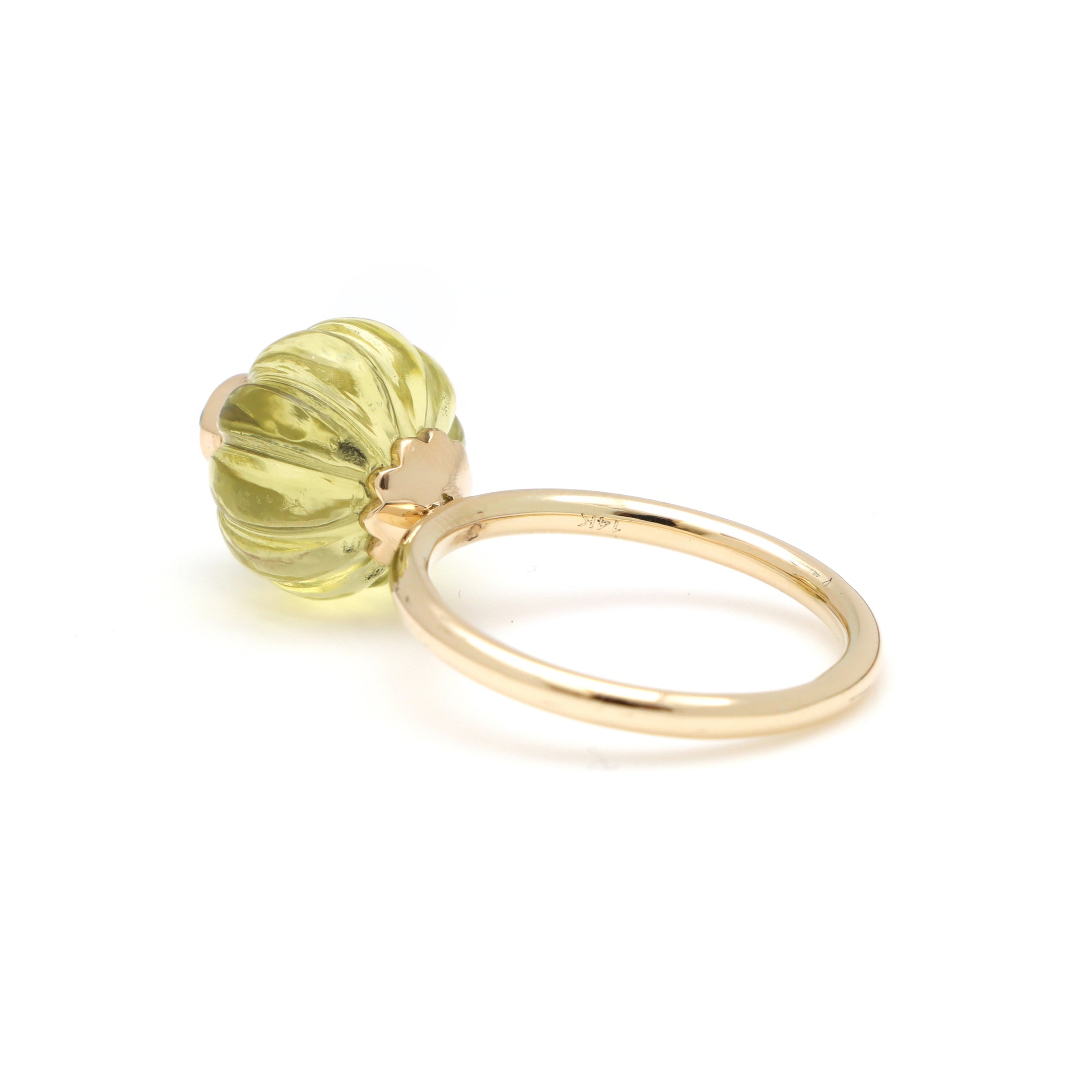 Natural Lemon Quartz Carving and Emerald 14K gold ring top view - NFJSD-1755