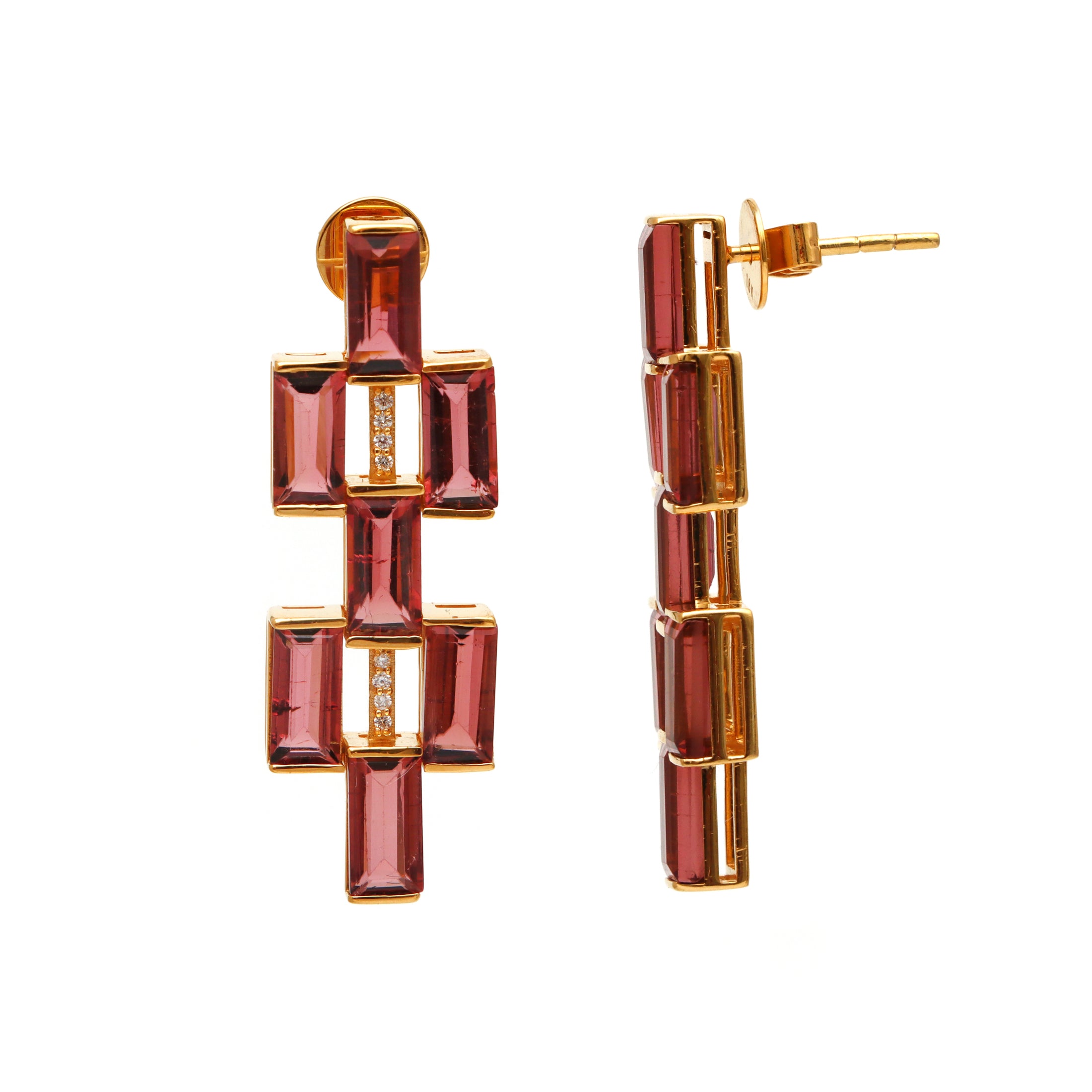 Natural Pink Tourmaline 18K gold earrings close-up detail - NFJSD-1631
