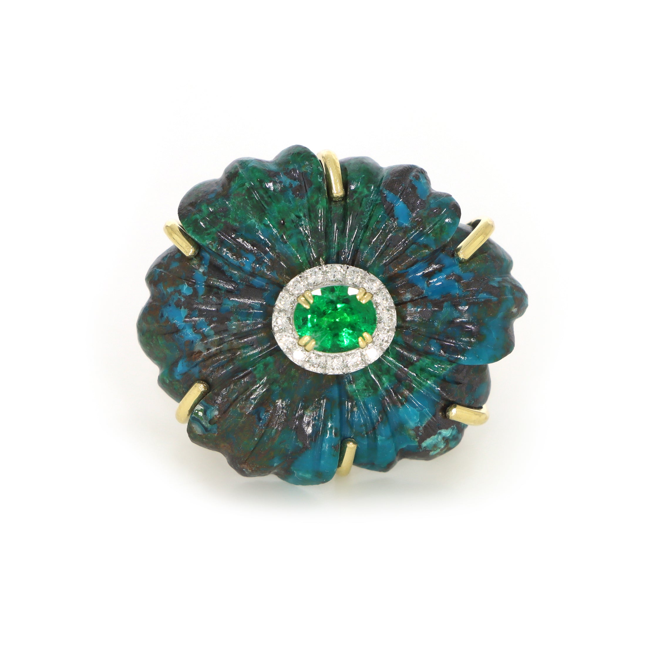 Natural Emerald Oval Cut and Chrysocolla Carving Flower 14K gold ring close-up detail - NFJSD-1267