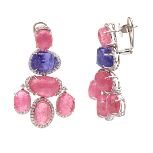 Natural Tourmaline and Tanzanite 18K gold earrings top view - NFJSD-1548