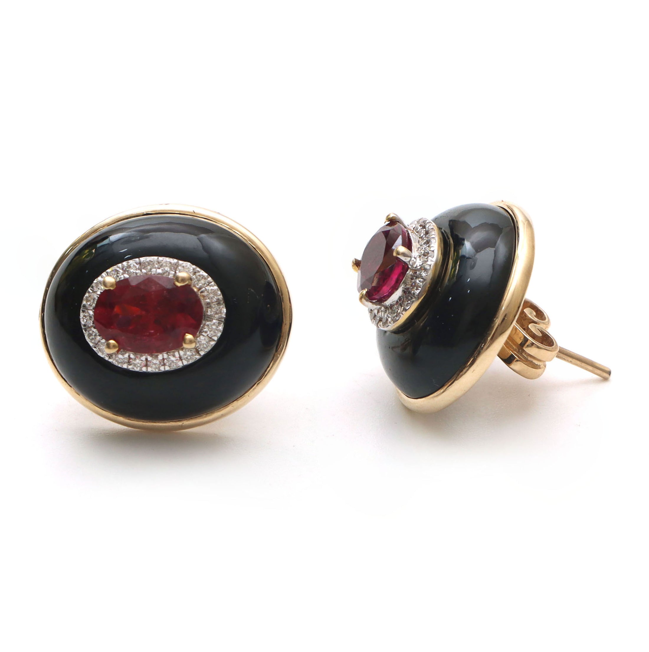 Natural Black Onyx Oval Frame and Tourmaline Oval Cut 14K gold earrings back view - NFJSD-1016