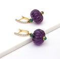 Load image into Gallery viewer, Natural Emerald Round Cabs and Amethyst Carving Beads 14K gold earrings top view - NFJSD-1334
