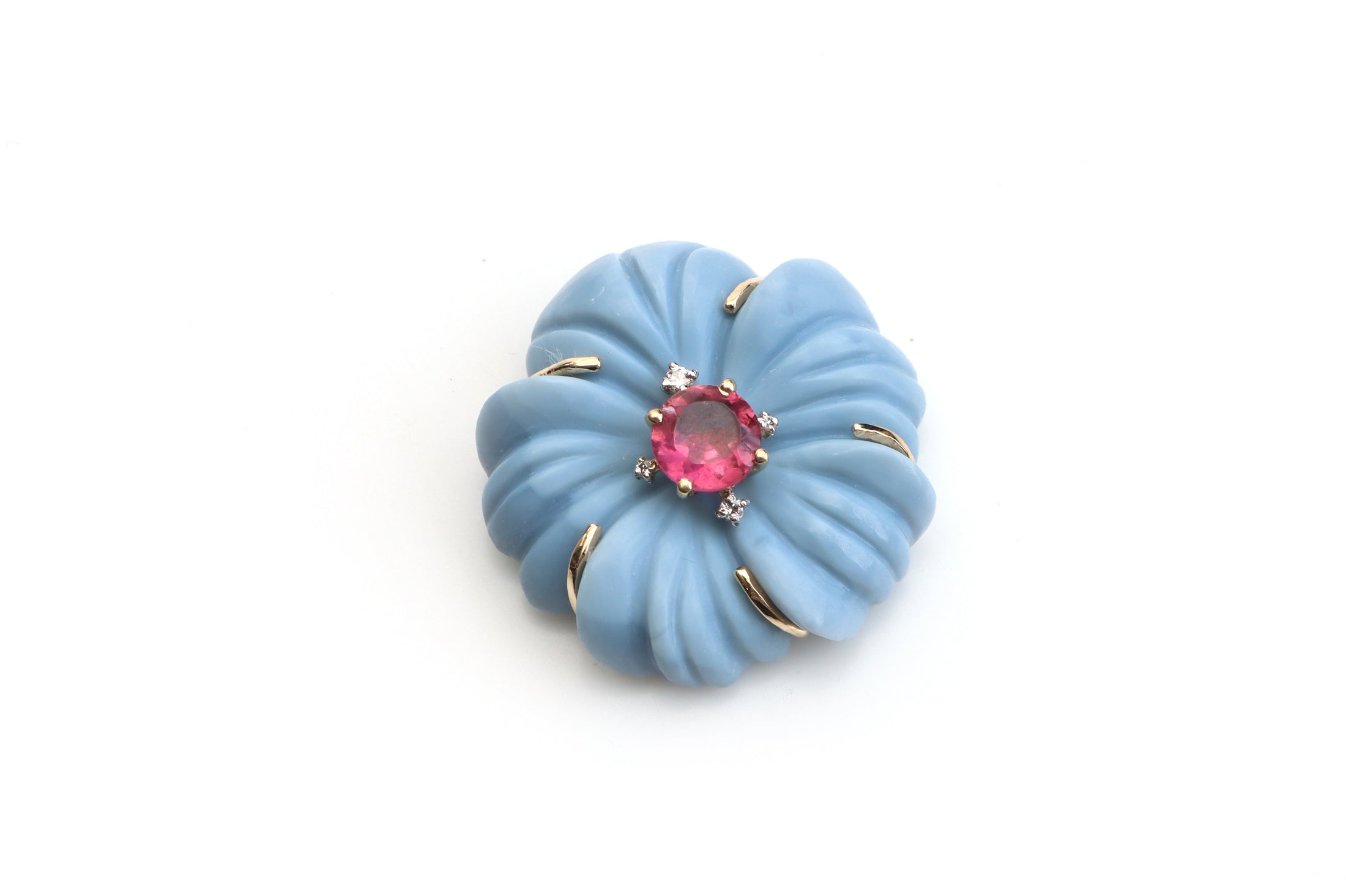 Natural Tourmaline Round Cut and Blue Opal Carving Flower 14K gold pendant front view - NFJSD-1088