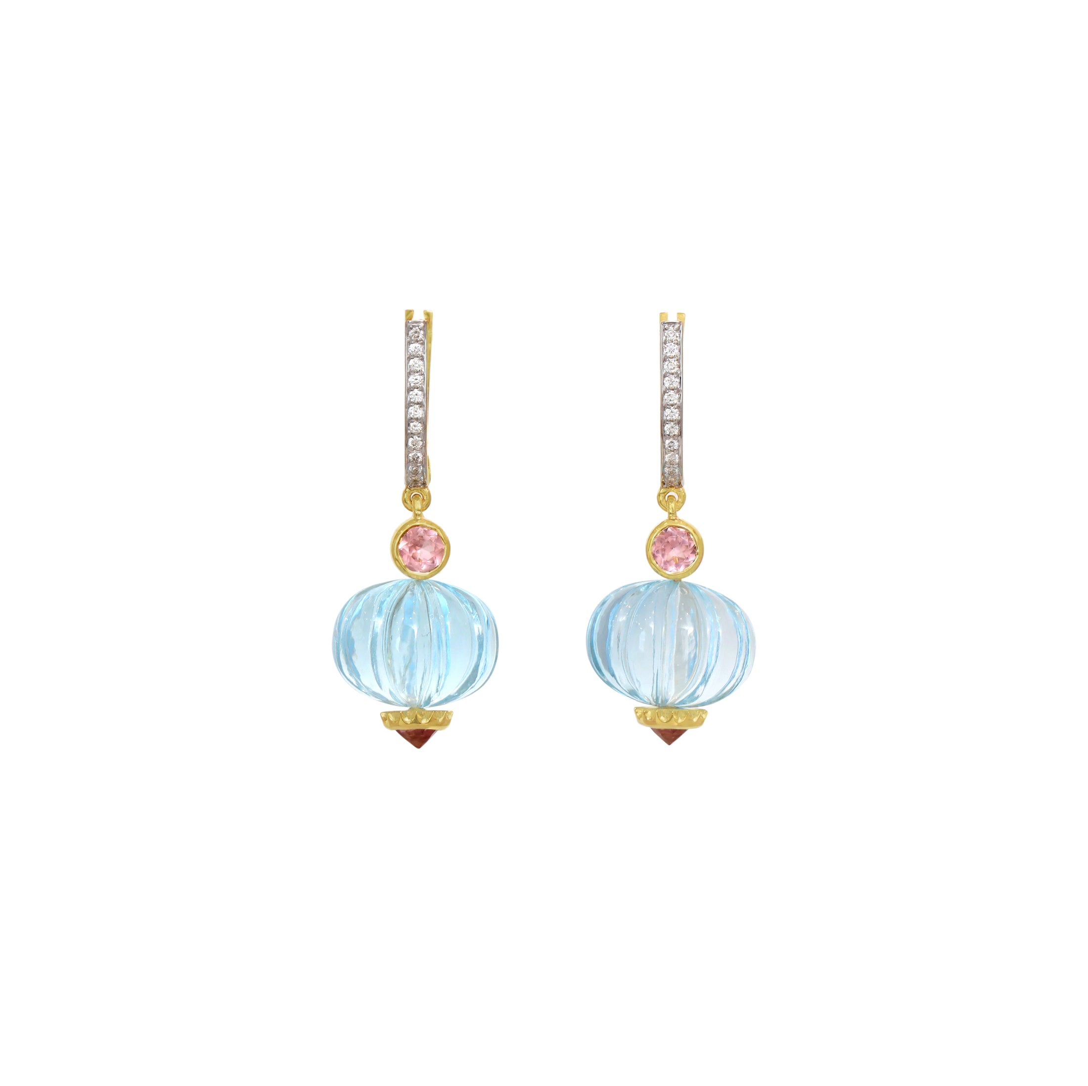 Natural Sky Blue Topaz and Tourmaline 14K gold earrings front view - NFJSD-1815