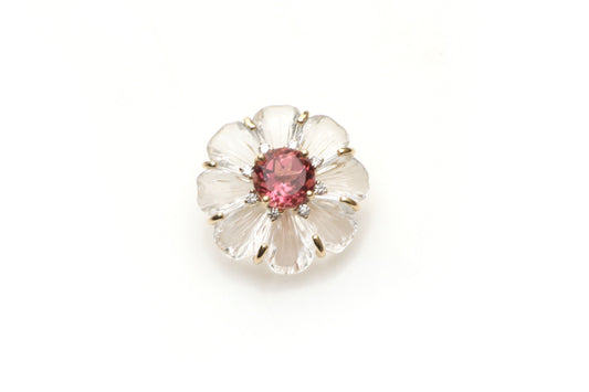 Natural Pink Tourmaline Round Cut and Crystal Carving Flower 14K gold pendant front view - NFJSD-1154