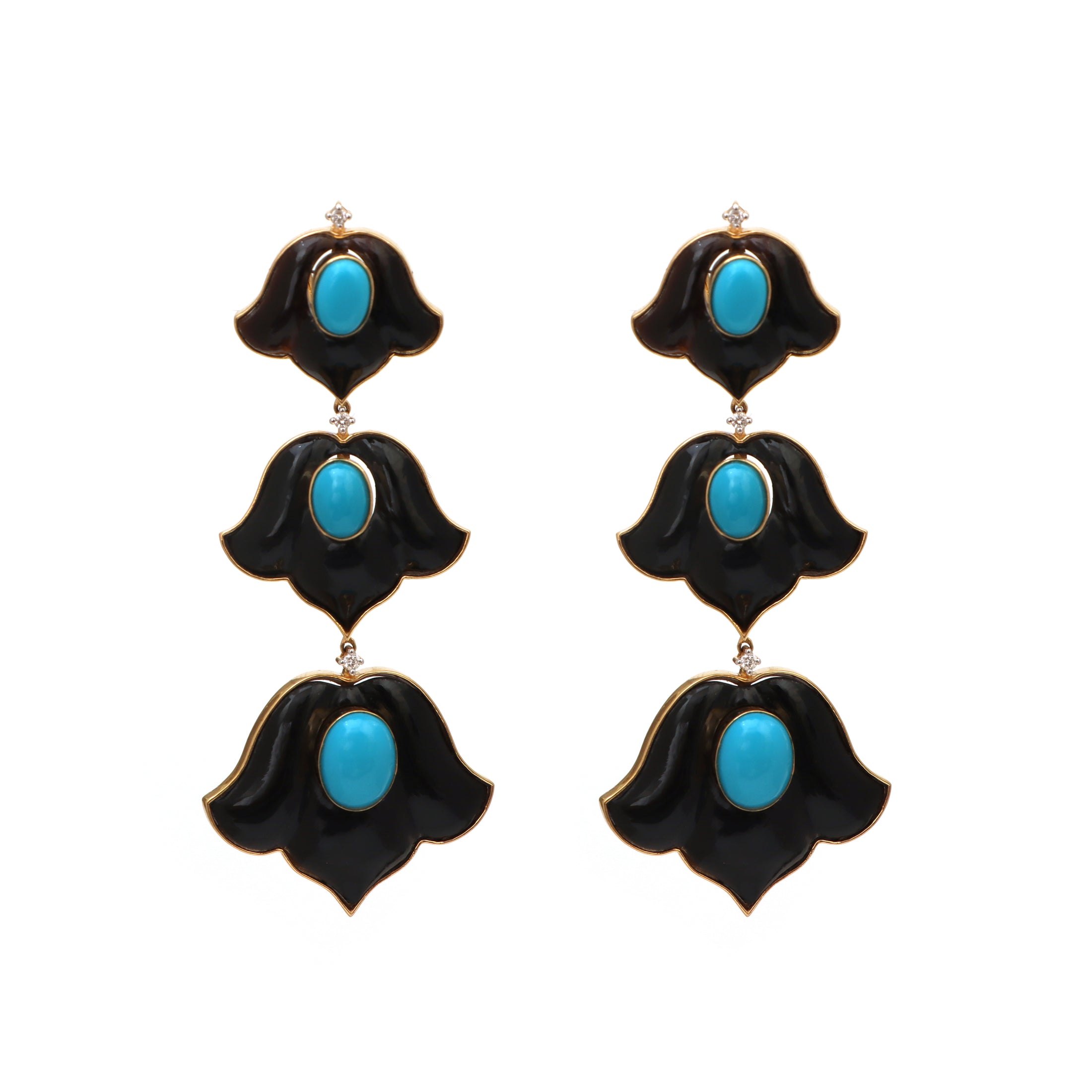 Natural Black Onyx and Turquoise 18K gold earrings lifestyle shot - NFJSD-1533