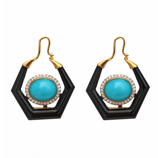 Natural Black Onyx and Turquoise 18K gold earrings side angle - NFJSD-1602