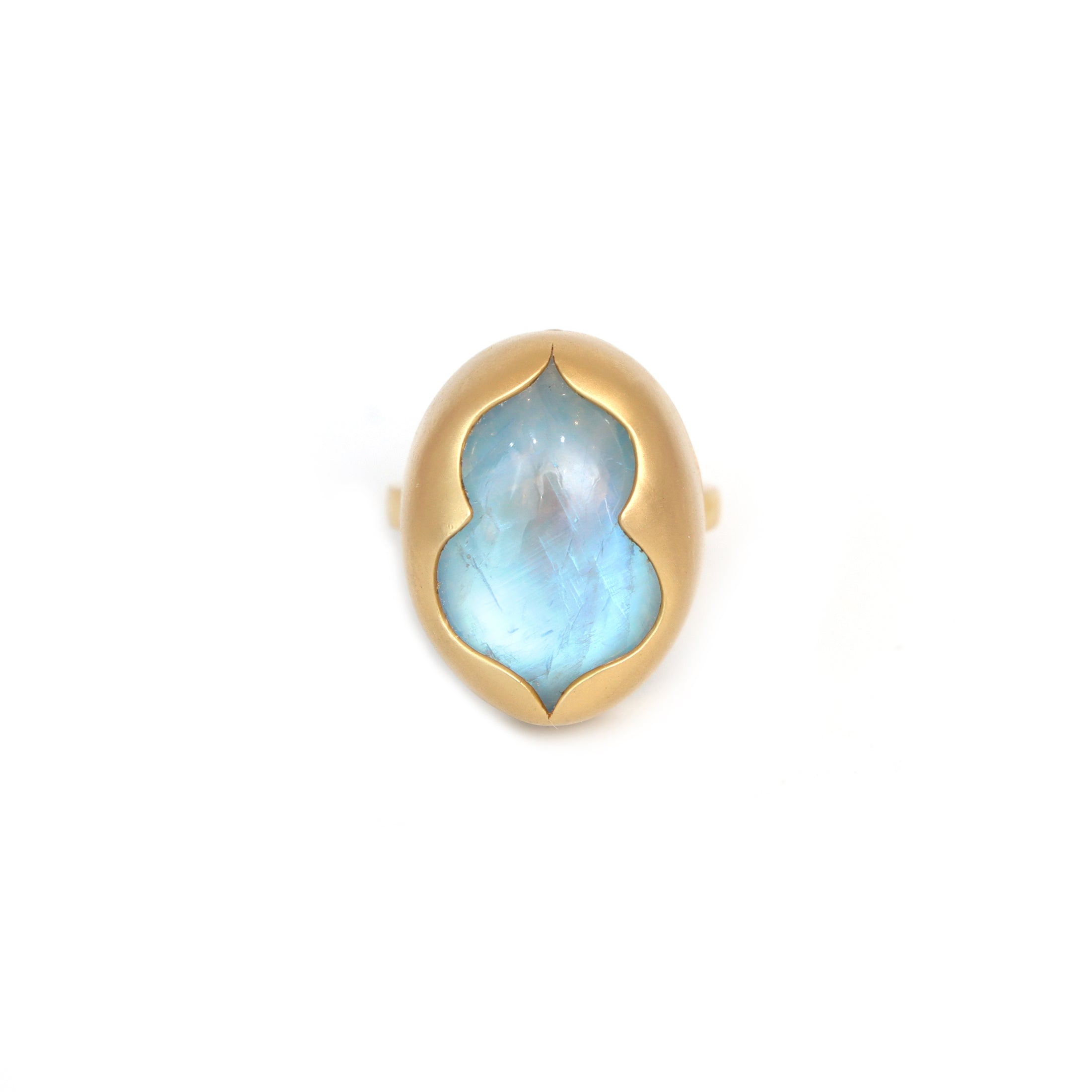 Natural Rainbow Moonstone Oval Cab and Black Onyx Oval Coin 18K gold ring on-hand view - NFJSD-1414