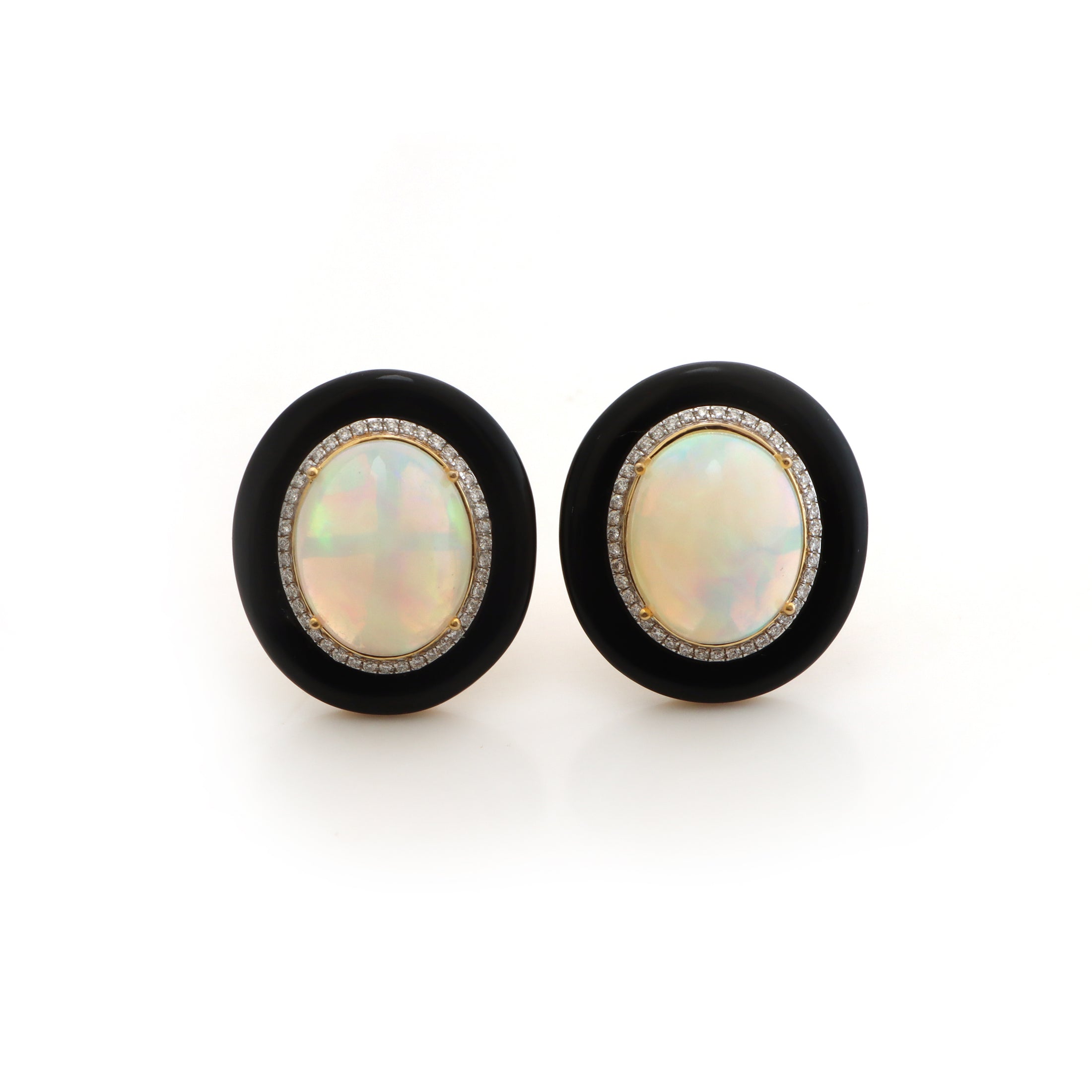 Natural Black Onyx Frame and Ethiopian Opal Oval Cabs 14K gold earrings back view - NFJSD-1306