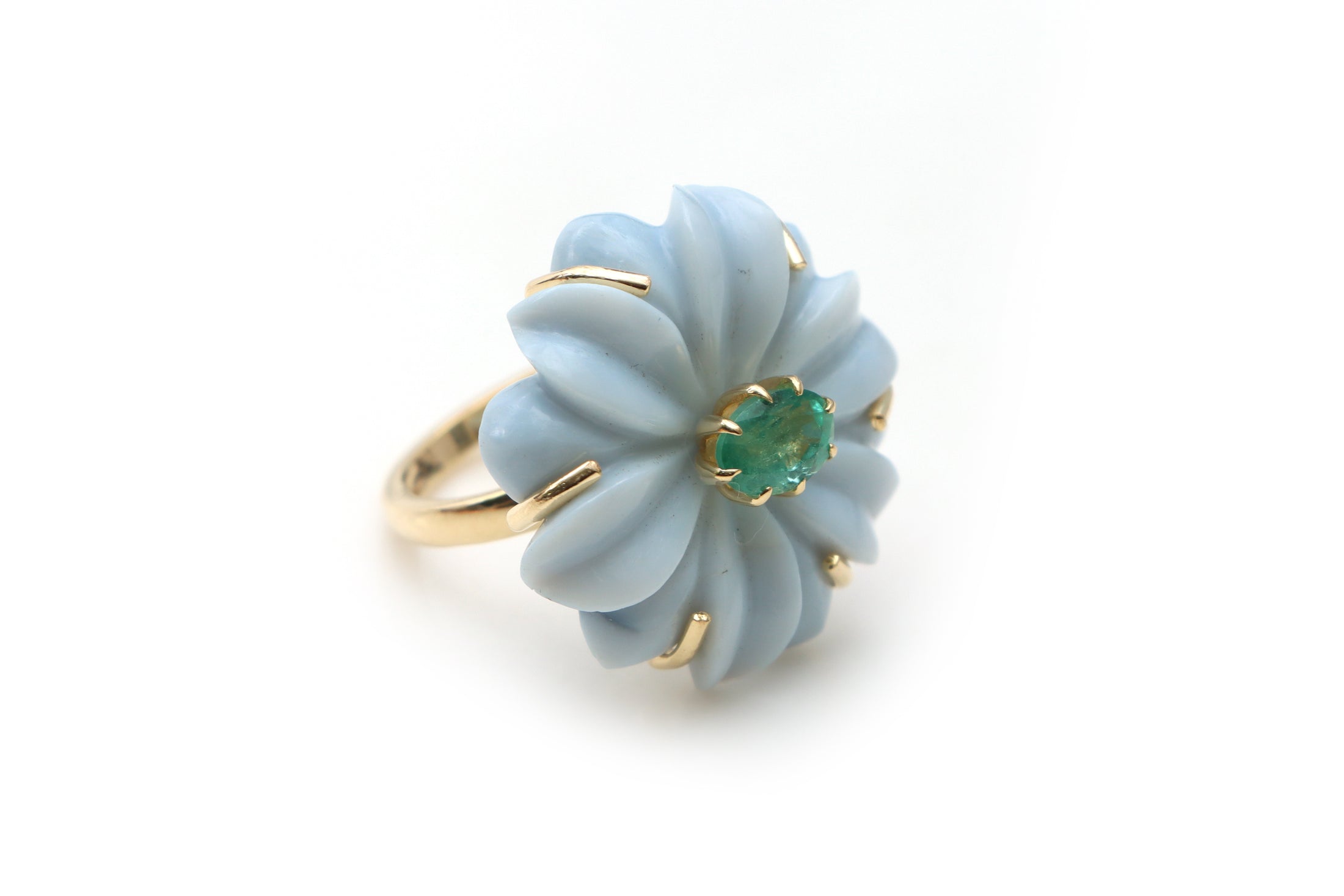 Natural Emerald Oval Cut and Blue Opal Carving Flower 14K gold ring front view - NFJSD-1211