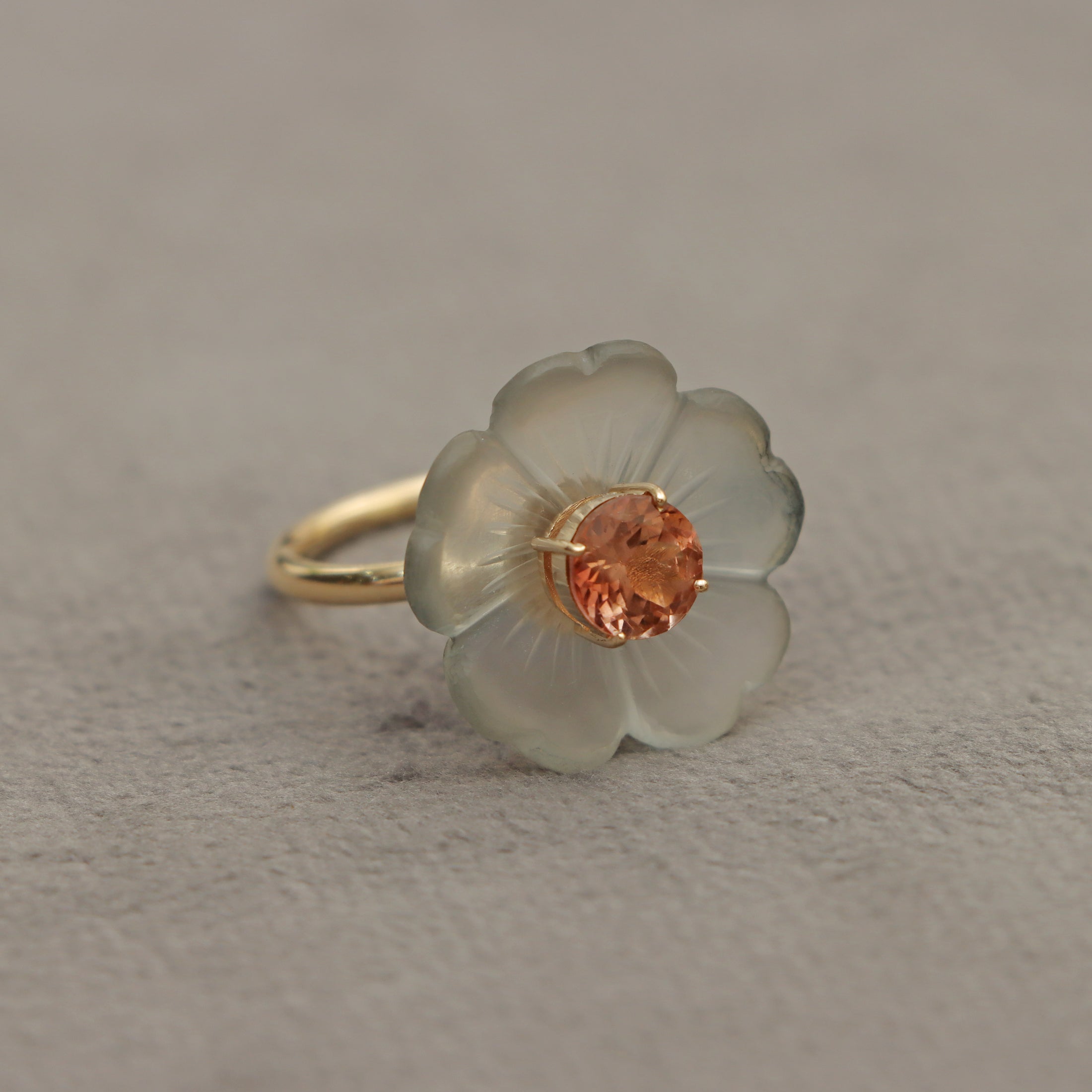 Natural Crystal Carving and Pink Tourmaline 14K gold ring side angle - NFJSD-1555