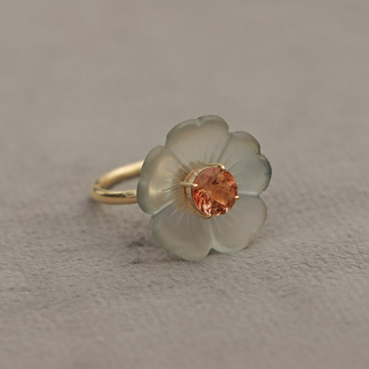 Natural Crystal Carving and Pink Tourmaline 14K gold ring side angle - NFJSD-1555