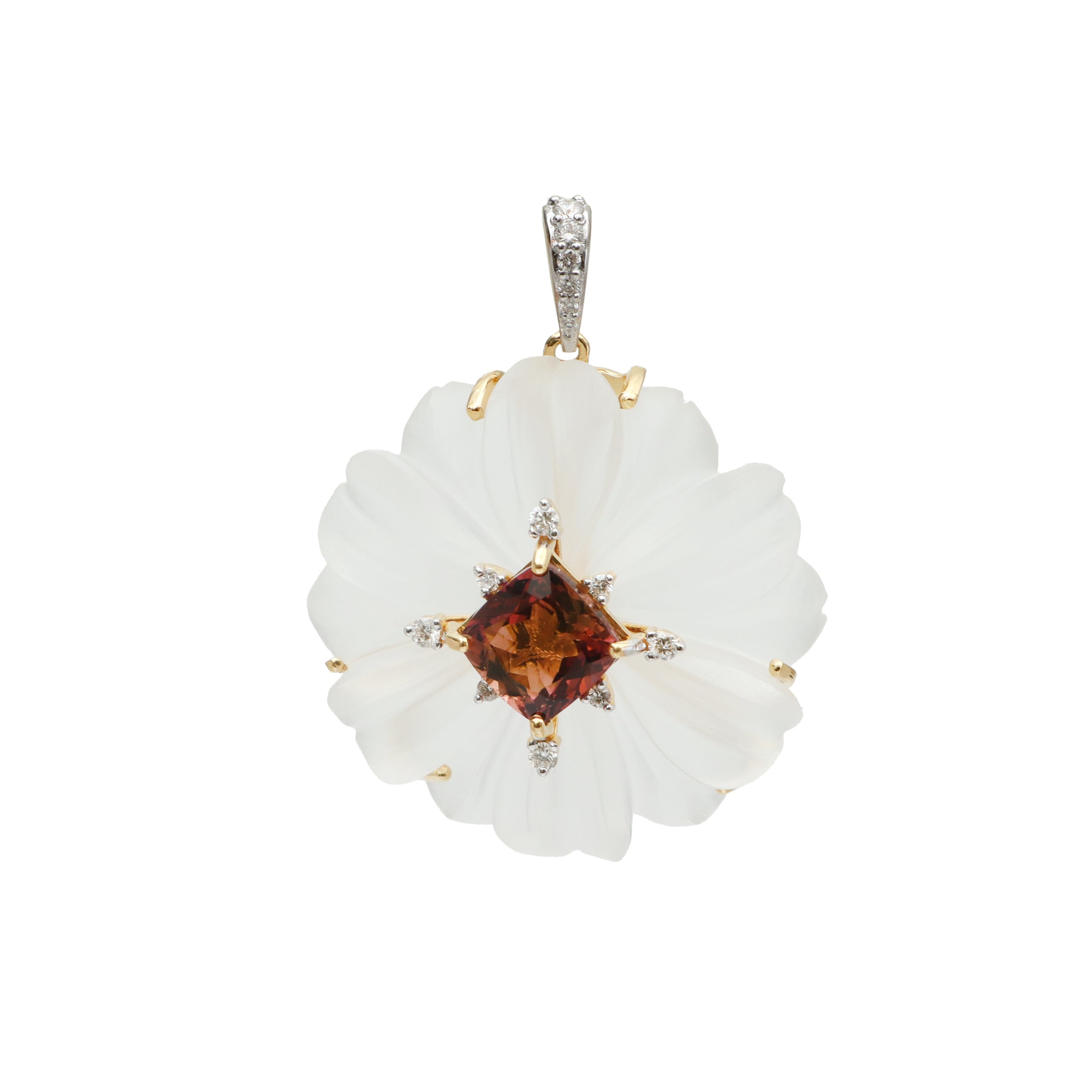 Natural Crystal Carving and Tourmaline 18K gold pendant back view - NFJSD-1717