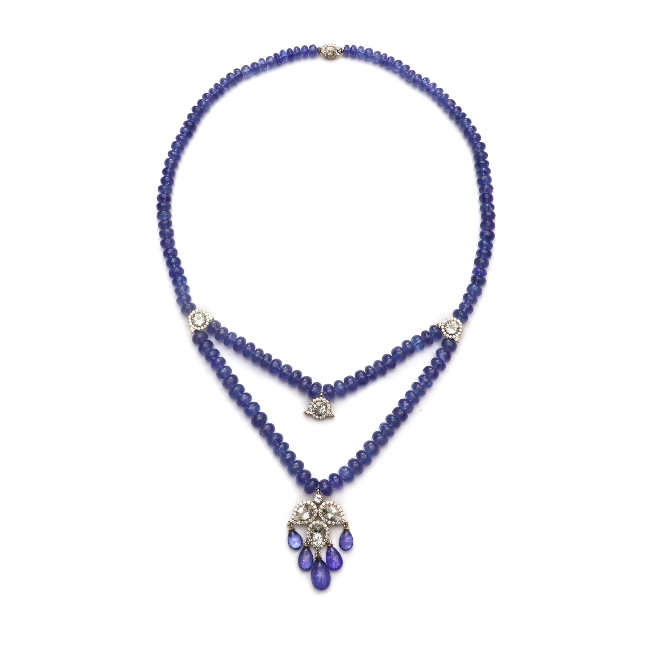 Natural White Aquamarine and Tanzanite 18K gold necklace back view - NFJSD-1949