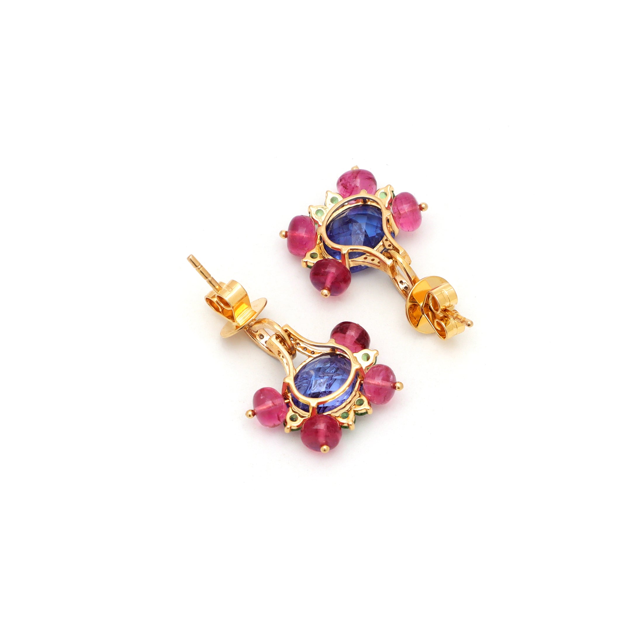 Natural Tourmaline and Tanzanite 18K gold earrings on-hand view - NFJSD-1797