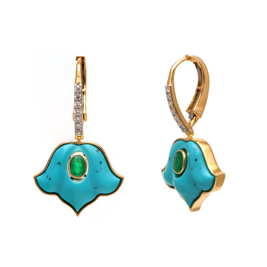 Natural Turquoise and Emerald 18K gold earrings front view - NFJSD-1692