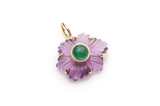 Natural Emerald Round Cabs and Amethyst Carving Flower 14K gold charm front view - NFJSD-1236