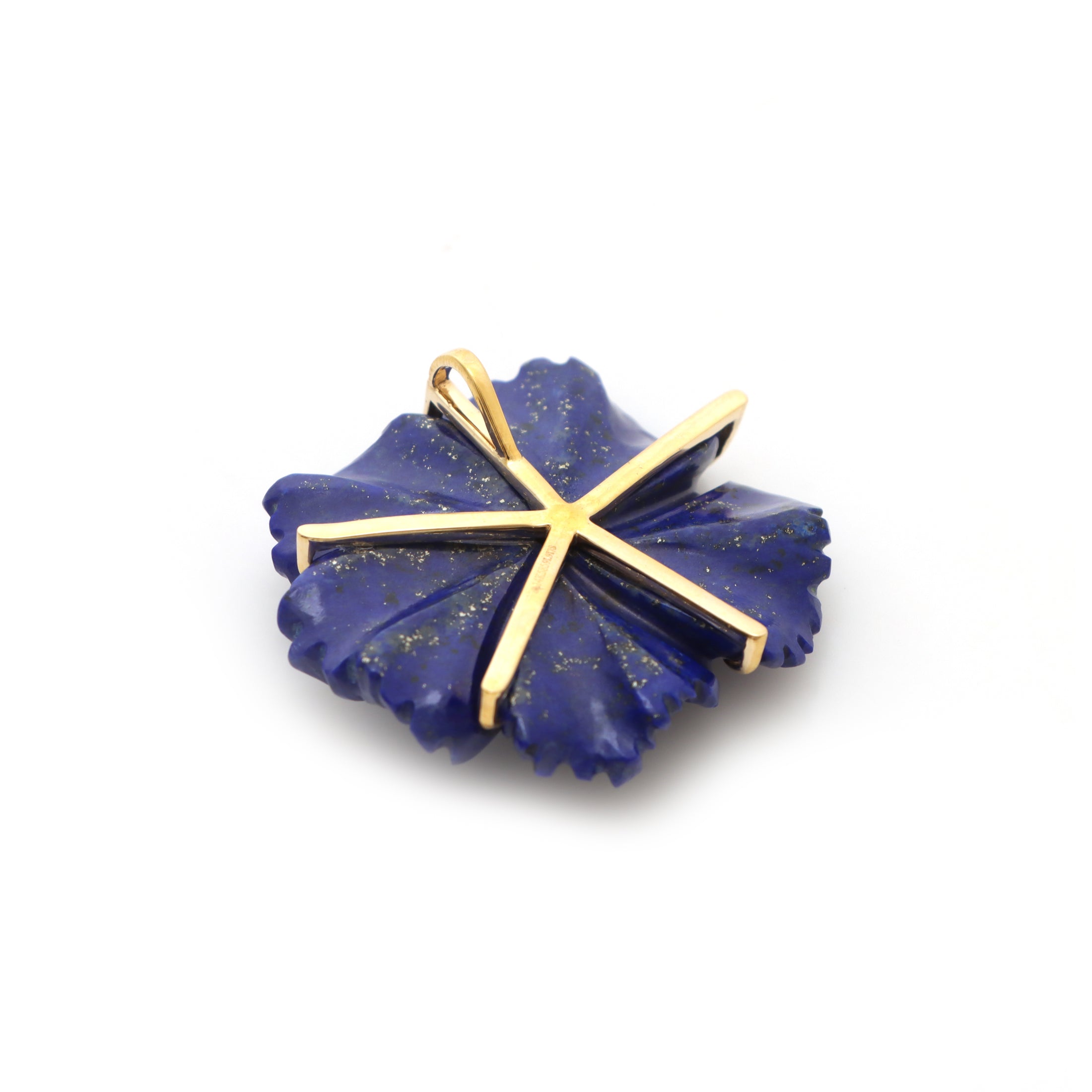 Natural Turquoise Round Cab and Lapis Carving Flower 14K gold pendant side angle - NFJSD-1310