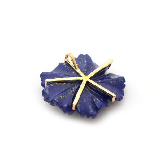 Natural Turquoise Round Cab and Lapis Carving Flower 14K gold pendant side angle - NFJSD-1310