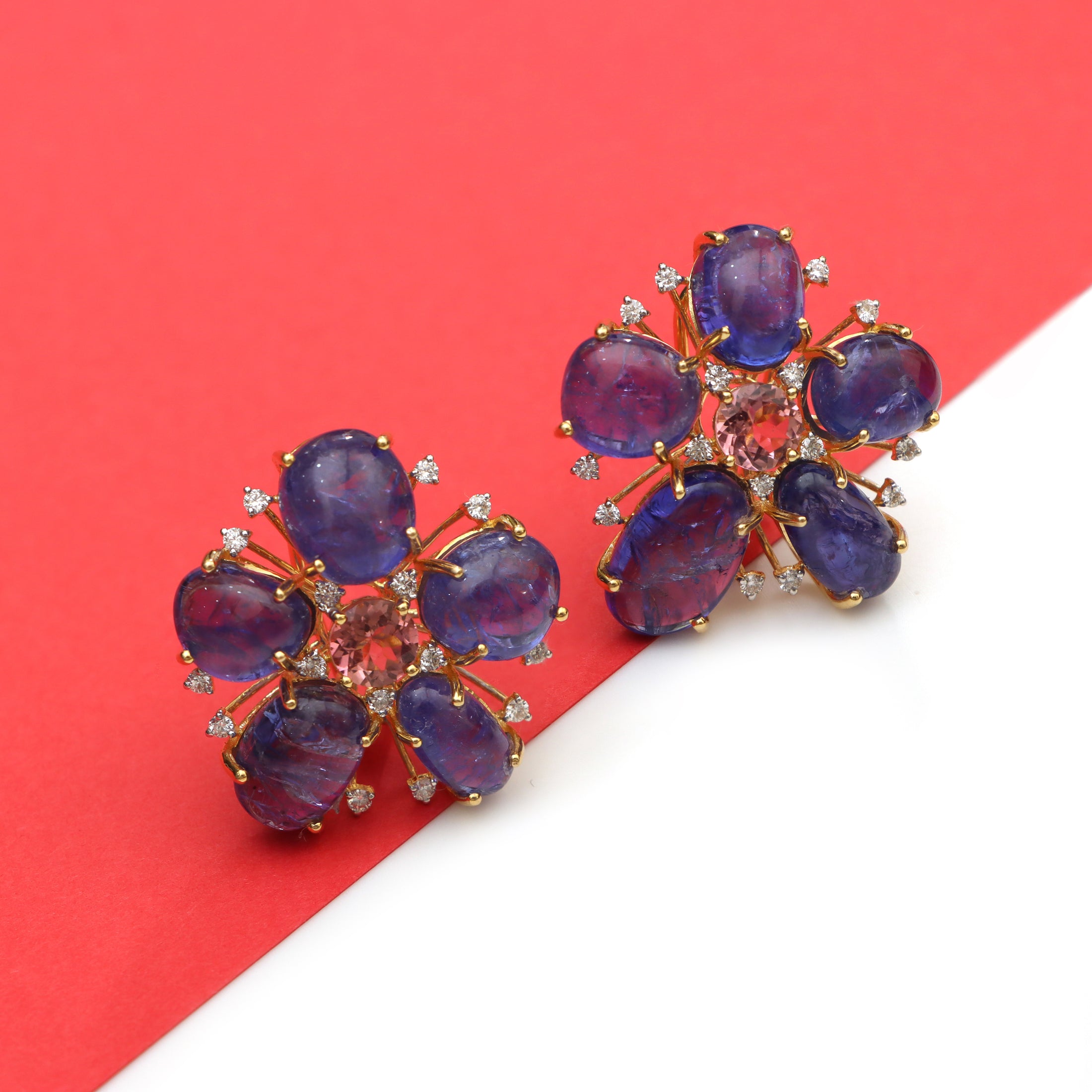 Natural Tourmaline and Tanzanite 18K gold earrings back view - NFJSD-1458