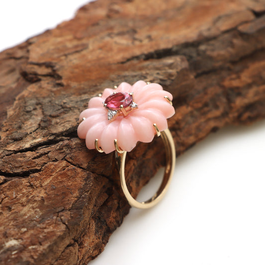 Natural Tourmaline Oval Cut and Pink Opal Carving Flower 14K gold ring side angle - NFJSD-1301