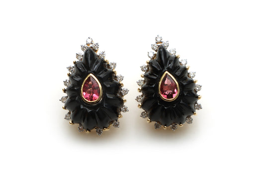 Natural Pink Tourmaline Pear Cut and Black onyx Pear Frame 14K gold earrings front view - NFJSD-1210