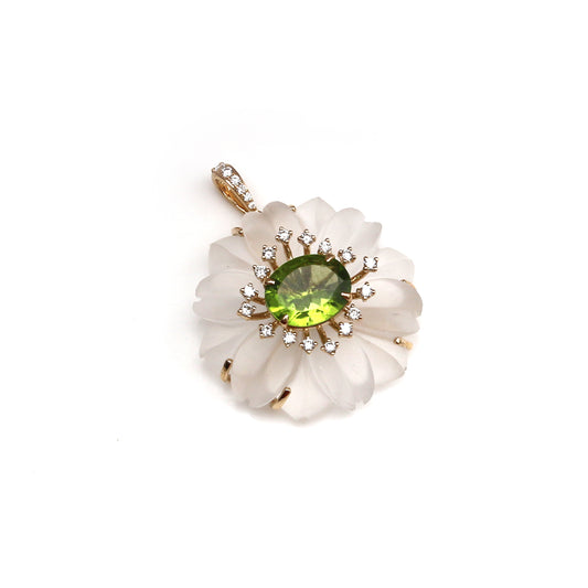 Natural Crystal Carving and Peridot 14K gold pendant front view - NFJSD-1644