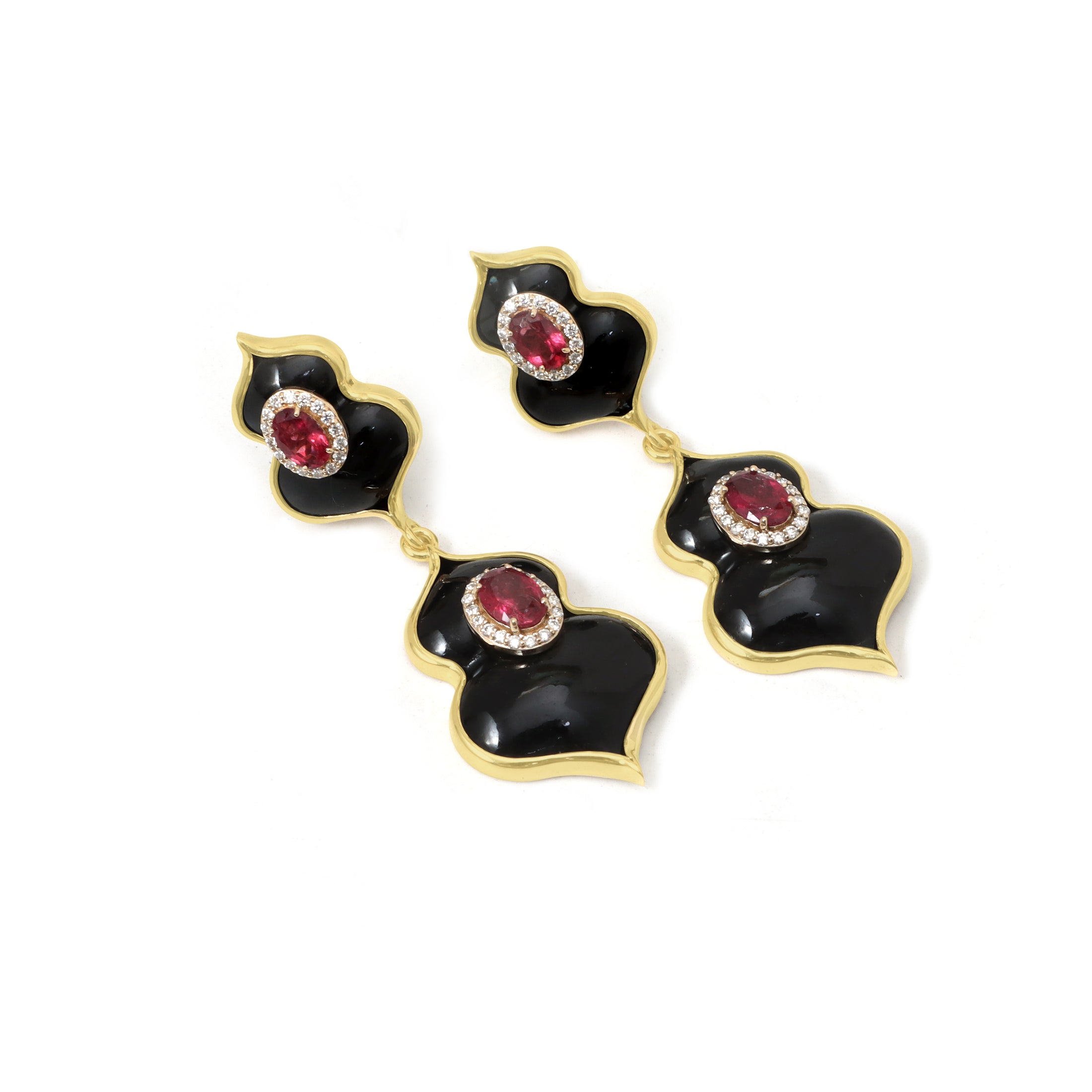 Natural Black Onyx and Tourmaline 14K gold earrings top view - NFJSD-1864