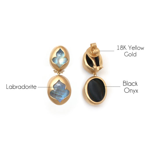 Natural Black Onyx and Rainbow Moonstone 18K gold earrings side angle - NFJSD-1418