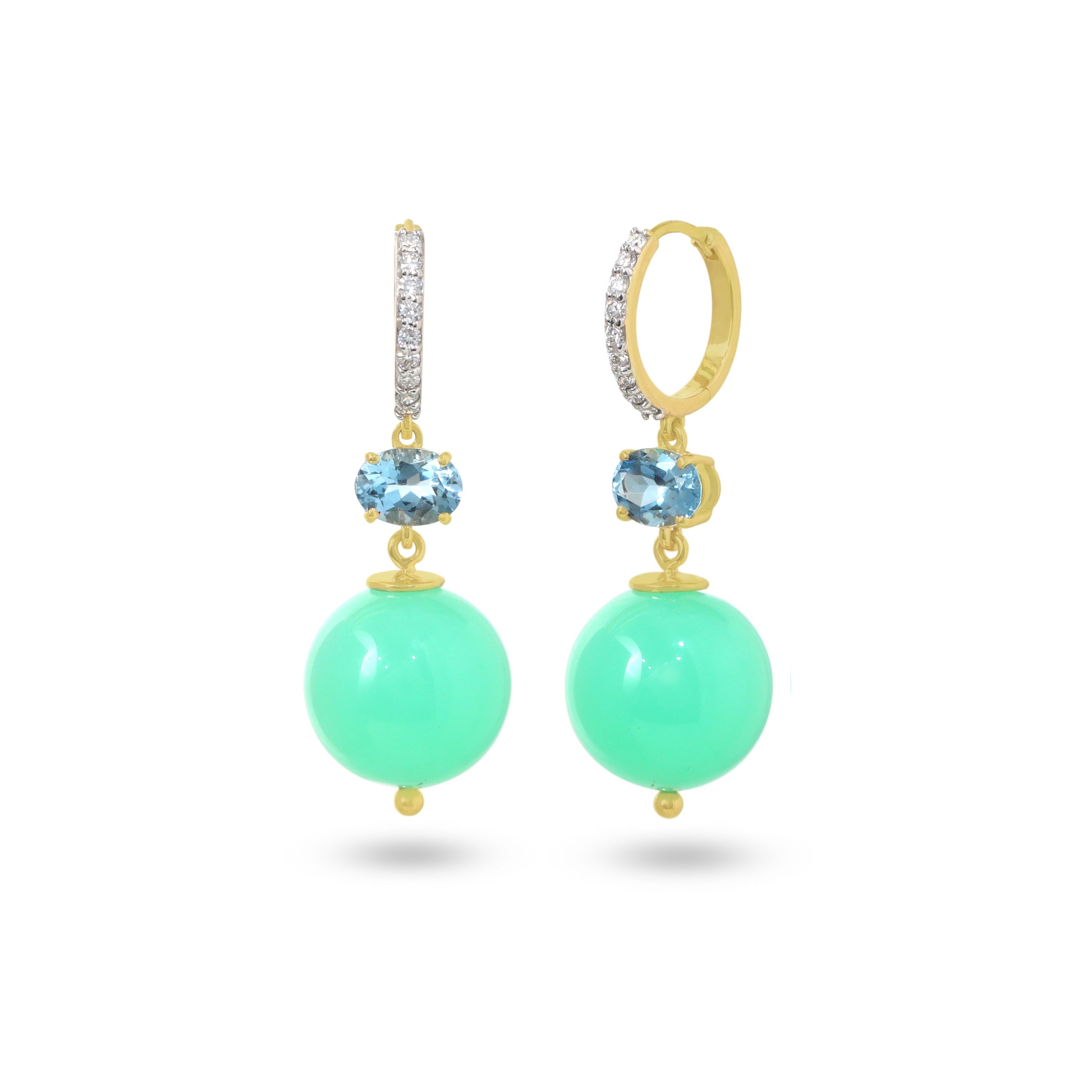 Natural Chrysoprase and Aquamarine 18K gold earrings front view - NFJSD-1926