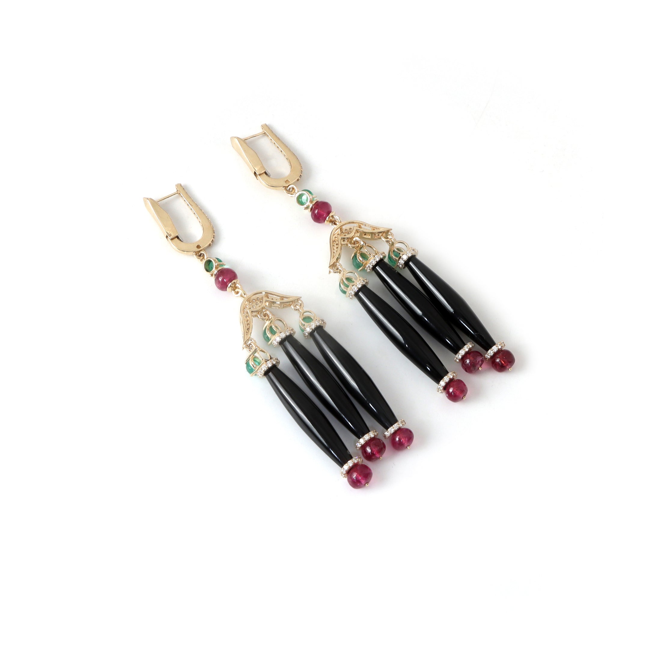 Natural Black Onyx and Tourmaline 14K gold earrings side angle - NFJSD-1938