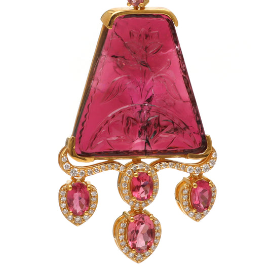 Natural Pink Tourmaline Carving and Pink Tourmaline Oval 18K gold earrings side angle - NFJSD-1635