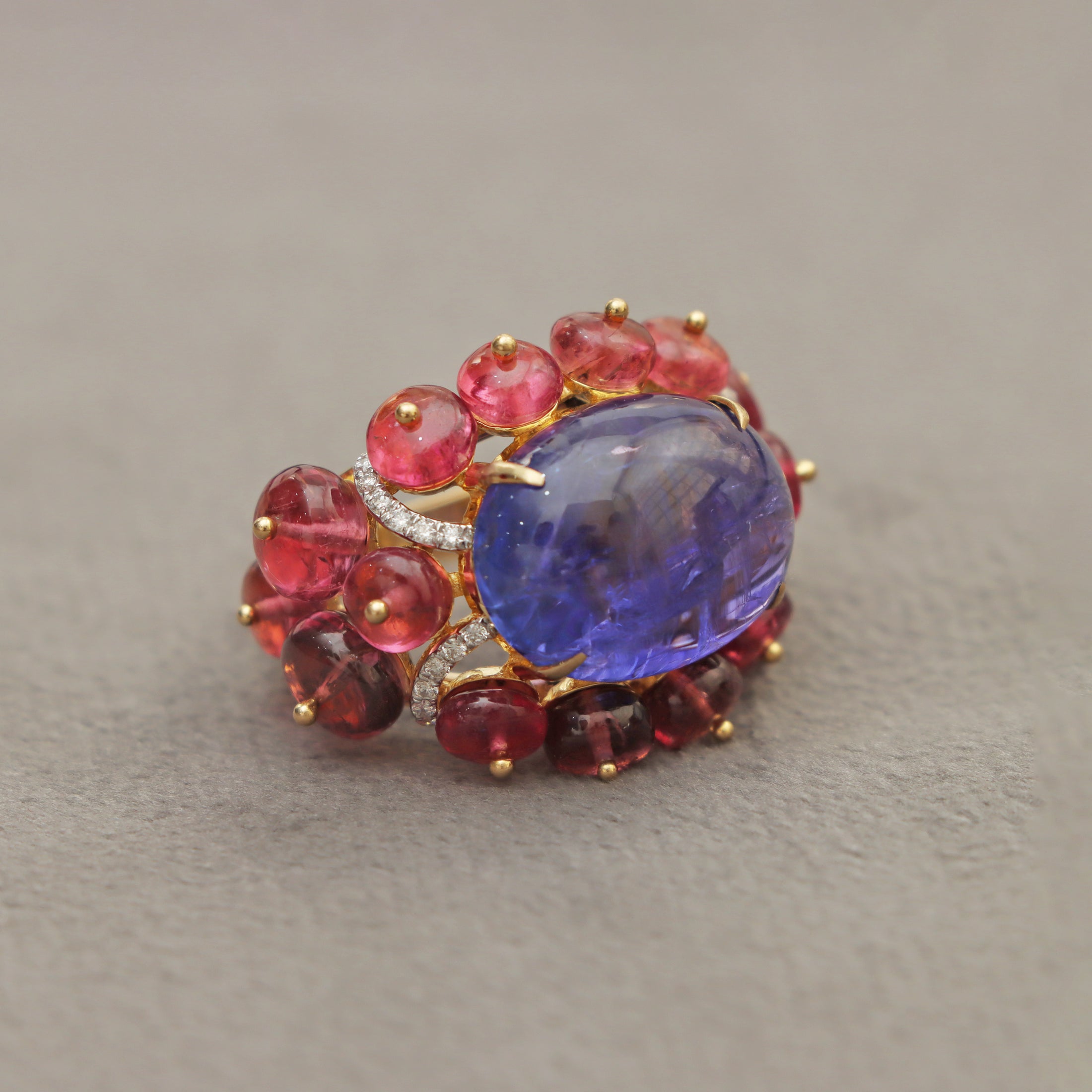Natural Pink Tourmaline and Tanzanite 18K gold ring side angle - NFJSD-1547