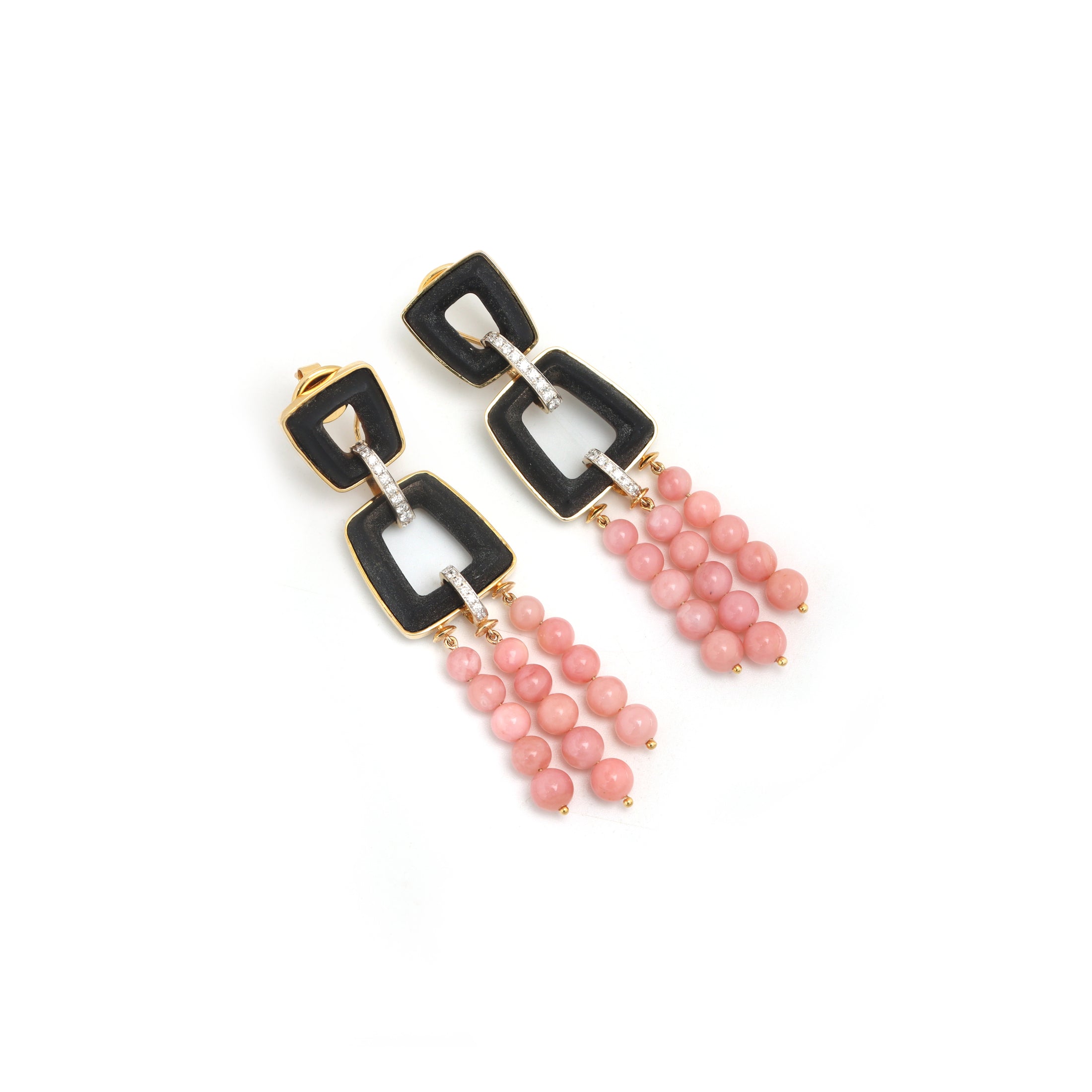 Natural Black Onyx Frame and Pink Opal Smooth Balls 18K gold earrings close-up detail - NFJSD-1405