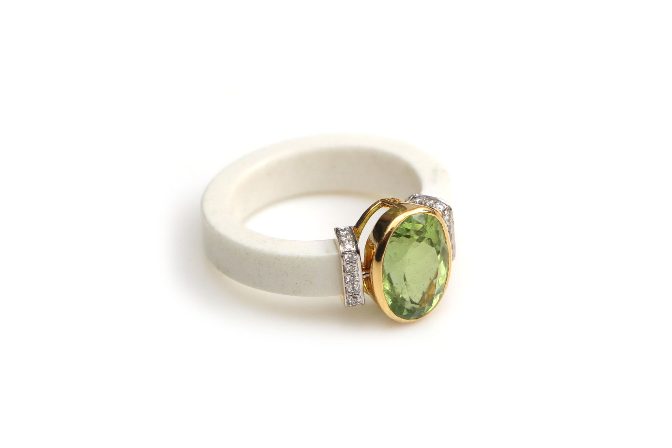 Natural Green Tourmaline and White Agate 18K gold ring front view - NFJSD-1423