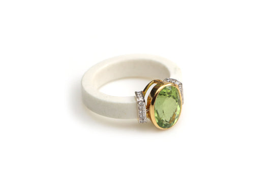 Natural Green Tourmaline and White Agate 18K gold ring front view - NFJSD-1423