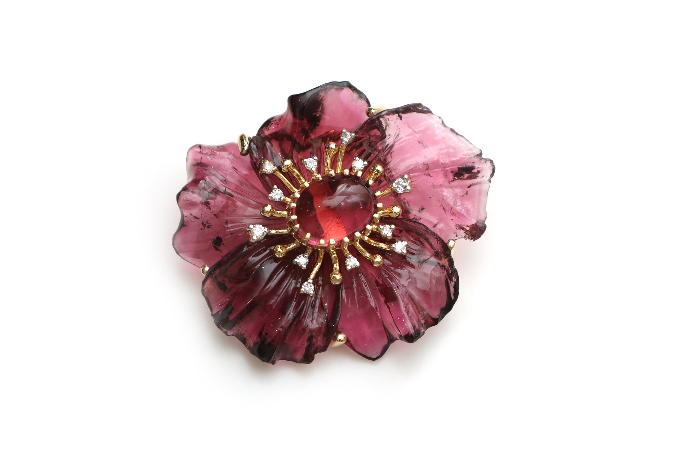 Natural Tourmaline Oval Cabs and Tourmaline Flower Carving 14K gold pendant front view - NFJSD-1320