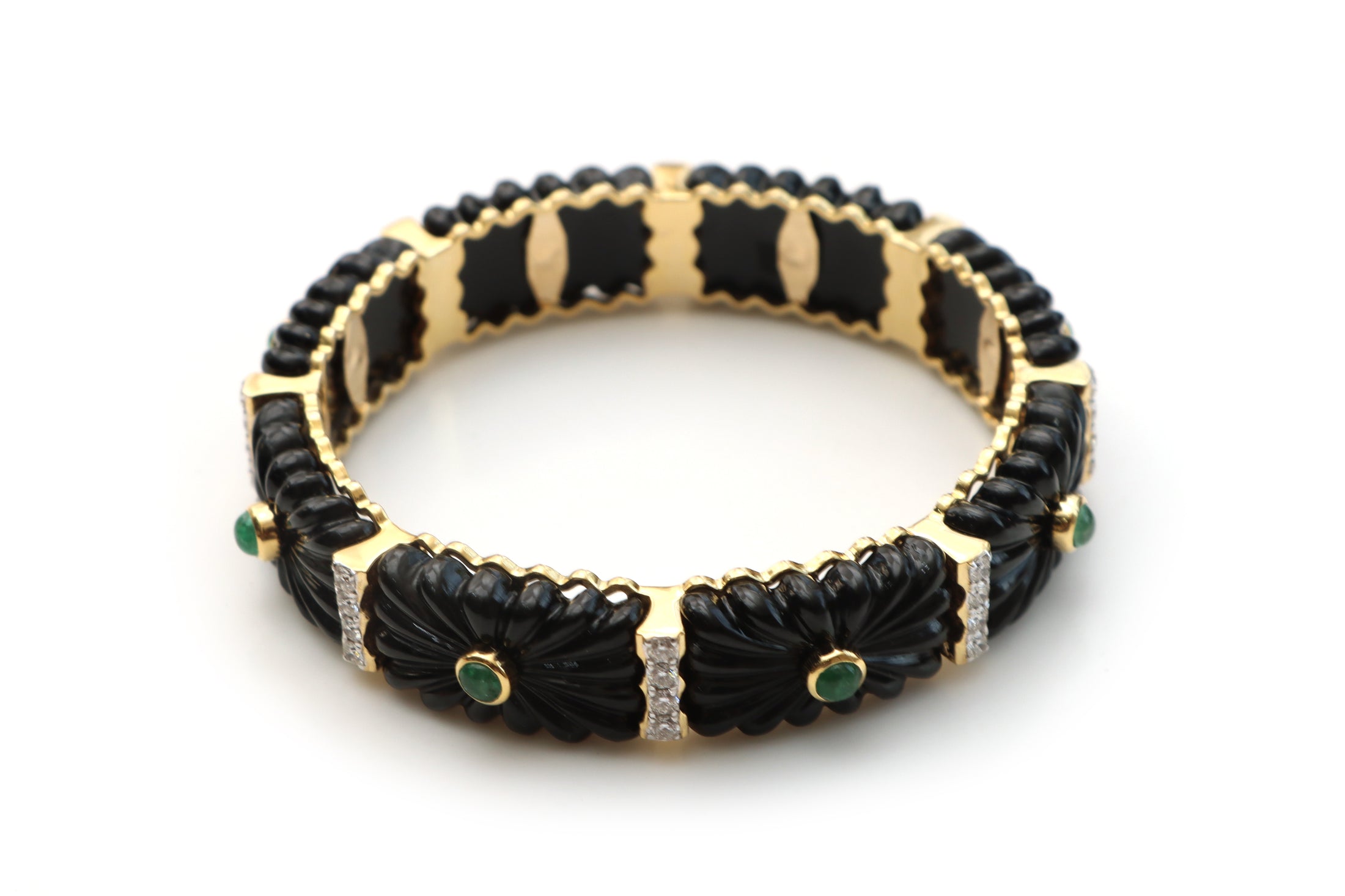 Natural Emerald Round Cabs and Black Onyx Carving 14K gold bangle front view - NFJSD-1128
