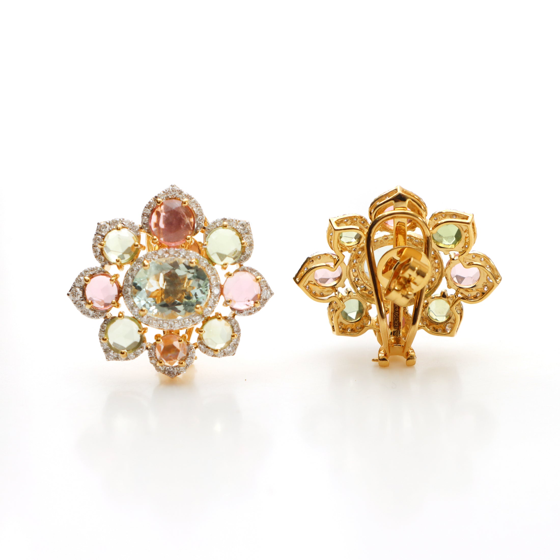 Natural Aquamarine and Tourmaline 18K gold earrings close-up detail - NFJSD-1470