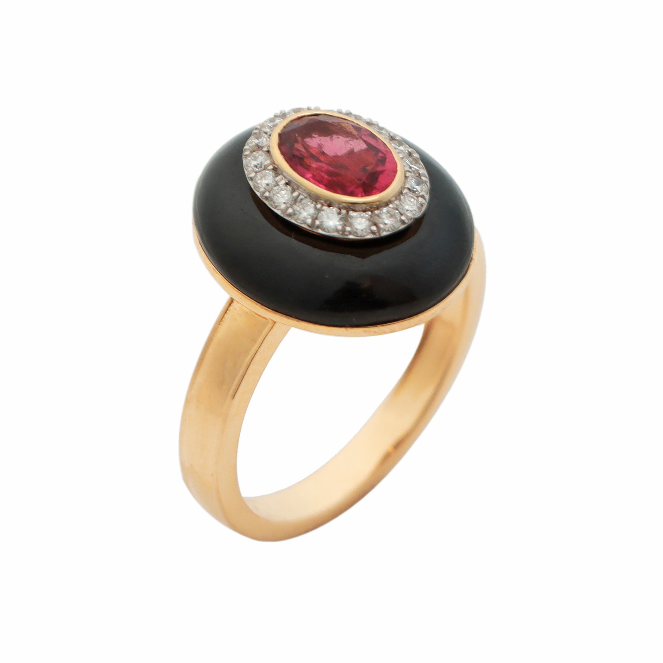 Natural Pink Tourmaline Oval Cut and Black Onyx Frame 14K gold ring back view - NFJSD-1241