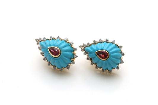 Natural Tourmaline Pear Cut and Turquoise Pear Carving 14K gold earrings front view - NFJSD-1156