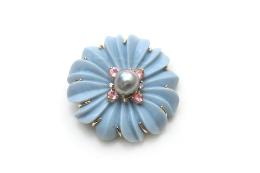 Natural Pink Tourmaline Round Cut and Pearl Smooth Bead 14K gold pendant front view - NFJSD-1194