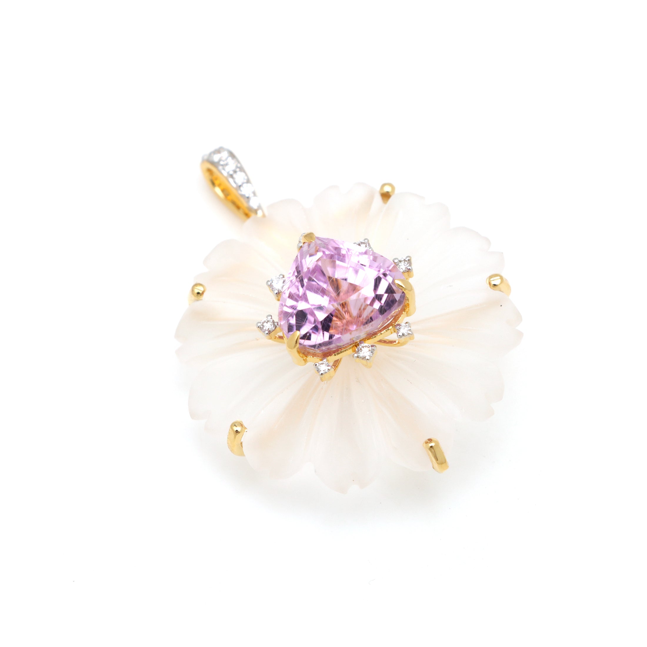 Natural Crystal Carving and Kunzite 18K gold pendant back view - NFJSD-1738