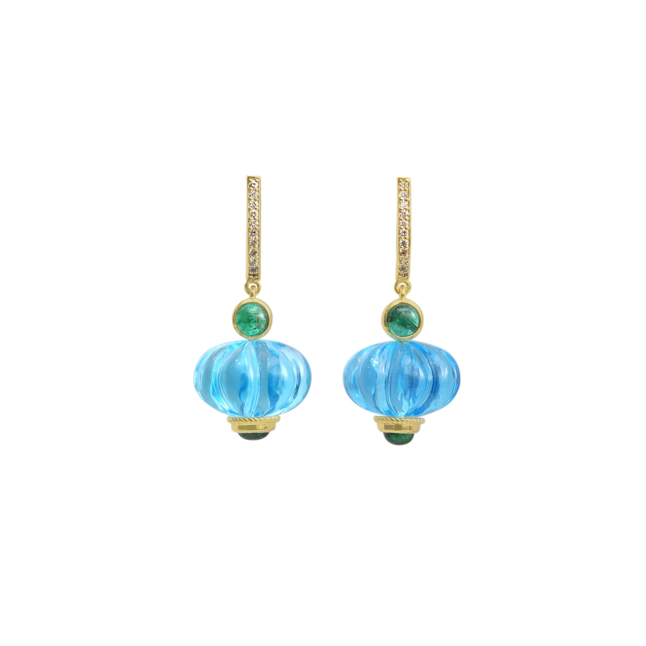 Natural Blue Topaz and Emerald 14K gold earrings front view - NFJSD-2018
