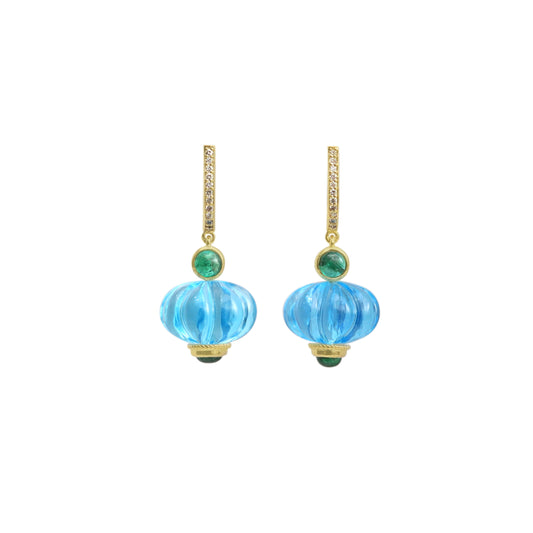 Natural Blue Topaz and Emerald 14K gold earrings front view - NFJSD-2018