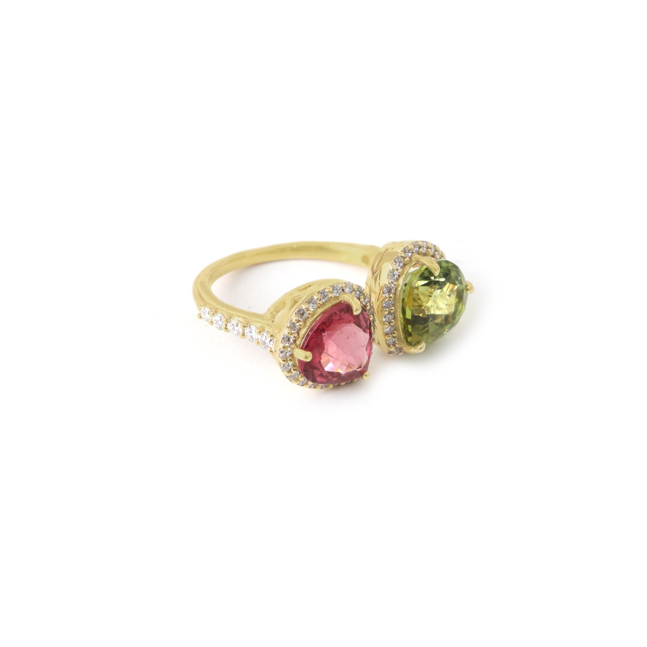 Natural Pink Tourmaline and Green Tourmaline 14K gold ring top view - NFJSD-1983