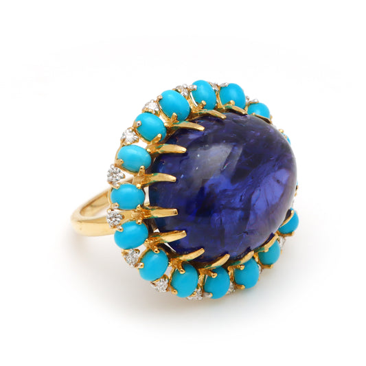 Natural Turquoise and Tanzanite 18K gold ring side angle - NFJSD-1618
