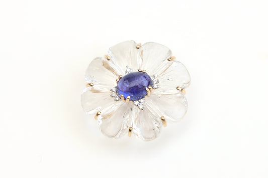 Natural Tanzanite Oval Cab and Crystal Carving Flower 14K gold pendant front view - NFJSD-1116