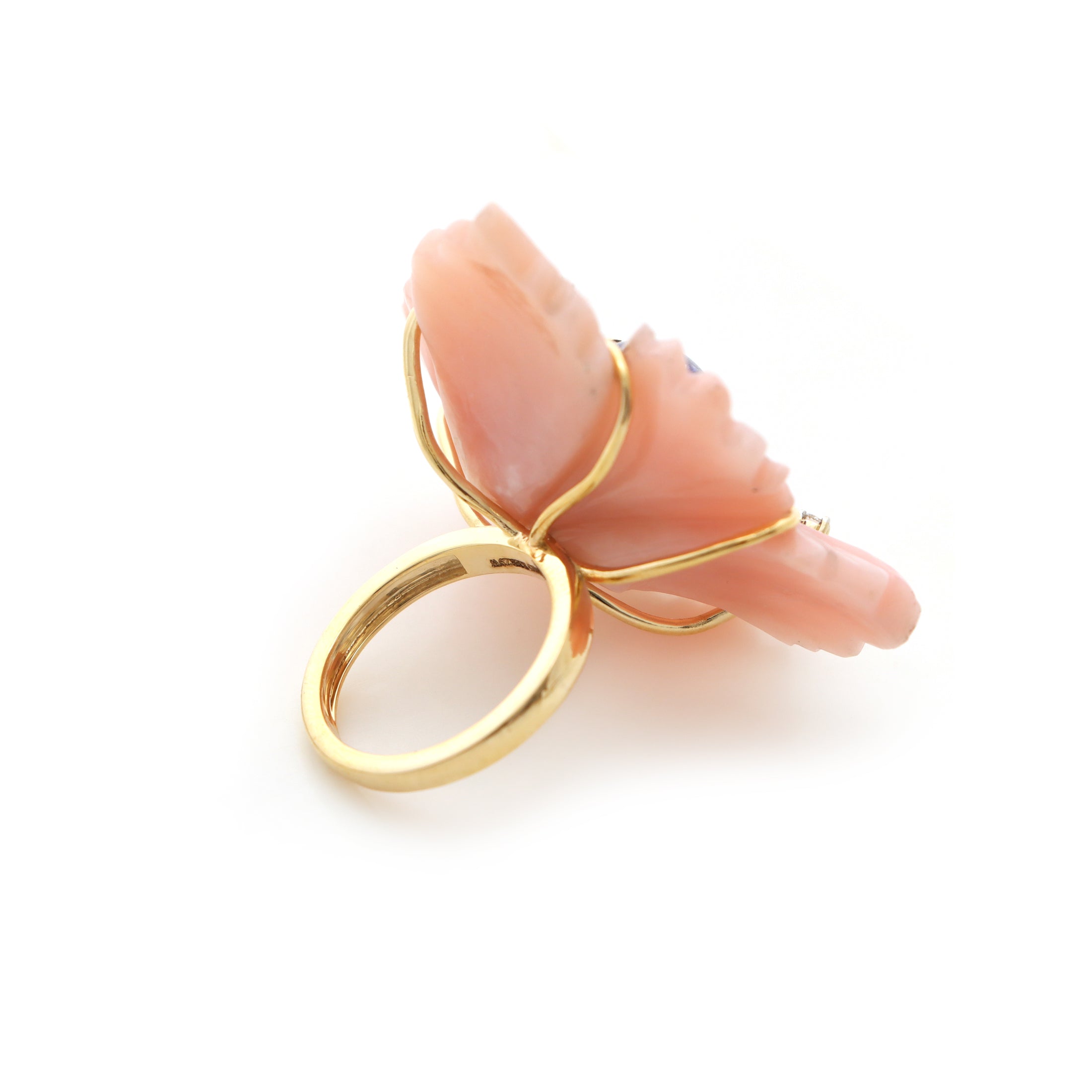Natural Tanzanite Round Cabs and Pink Opal Carving Flower 14K gold ring back view - NFJSD-1317