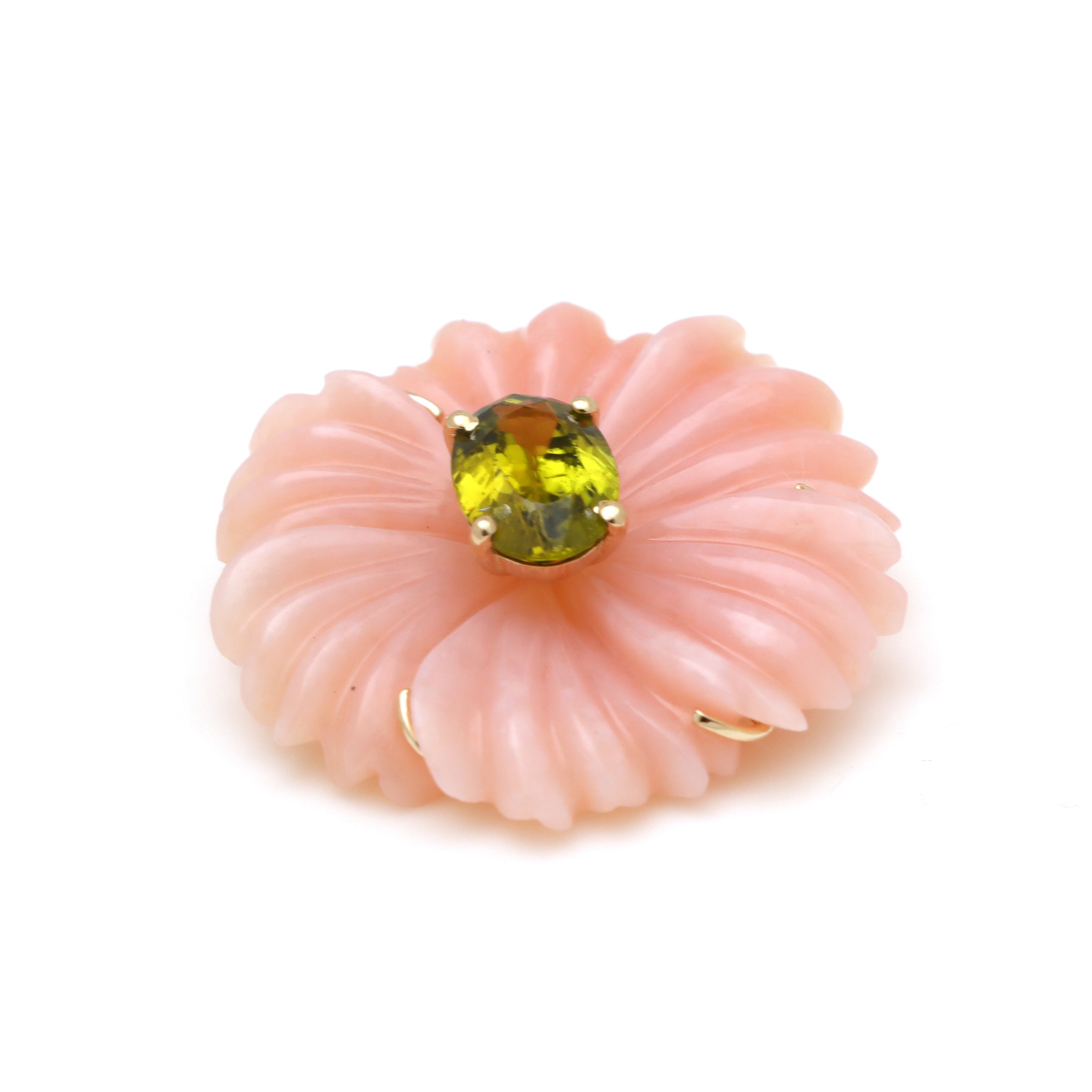 Natural Pink Opal and Tourmaline 14K gold pendant close-up detail - NFJSD-1745